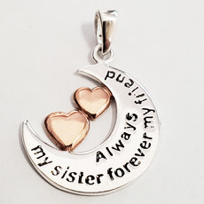 Bead World Crescent Always My Sister Forever My Friend w/ Hearts Sterling Silver Pendant 15mm