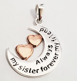 Bead World Crescent Always My Sister Forever My Friend w/ Hearts Sterling Silver Pendant 15mm