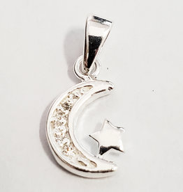 Bead World Crescent Moon w/ Star Sterling Silver Pendant 10mm
