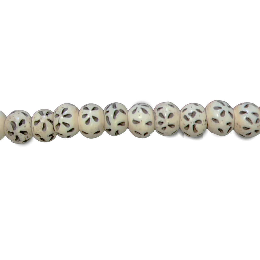 Ivory with Black Petal Spheroid Bone Beads 16" Strand 11x9mm