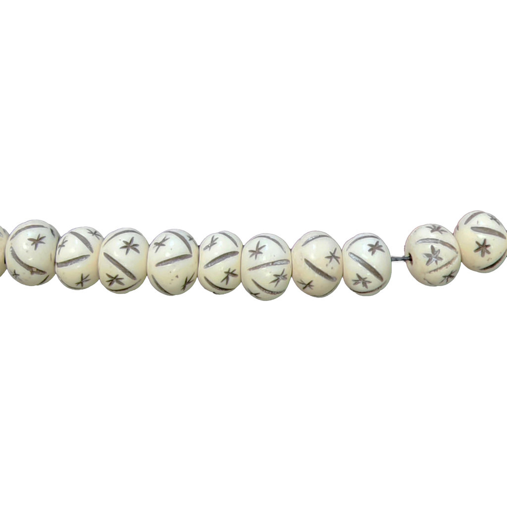 Ivory with Black Stars and Lines Spheroid Bone Beads 16" Strand 13x10mm