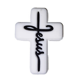 White Cross with Black Writing Silicone Charm 30x22mm