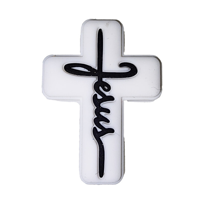 White Cross with Black Writing Silicone Charm 30x22mm