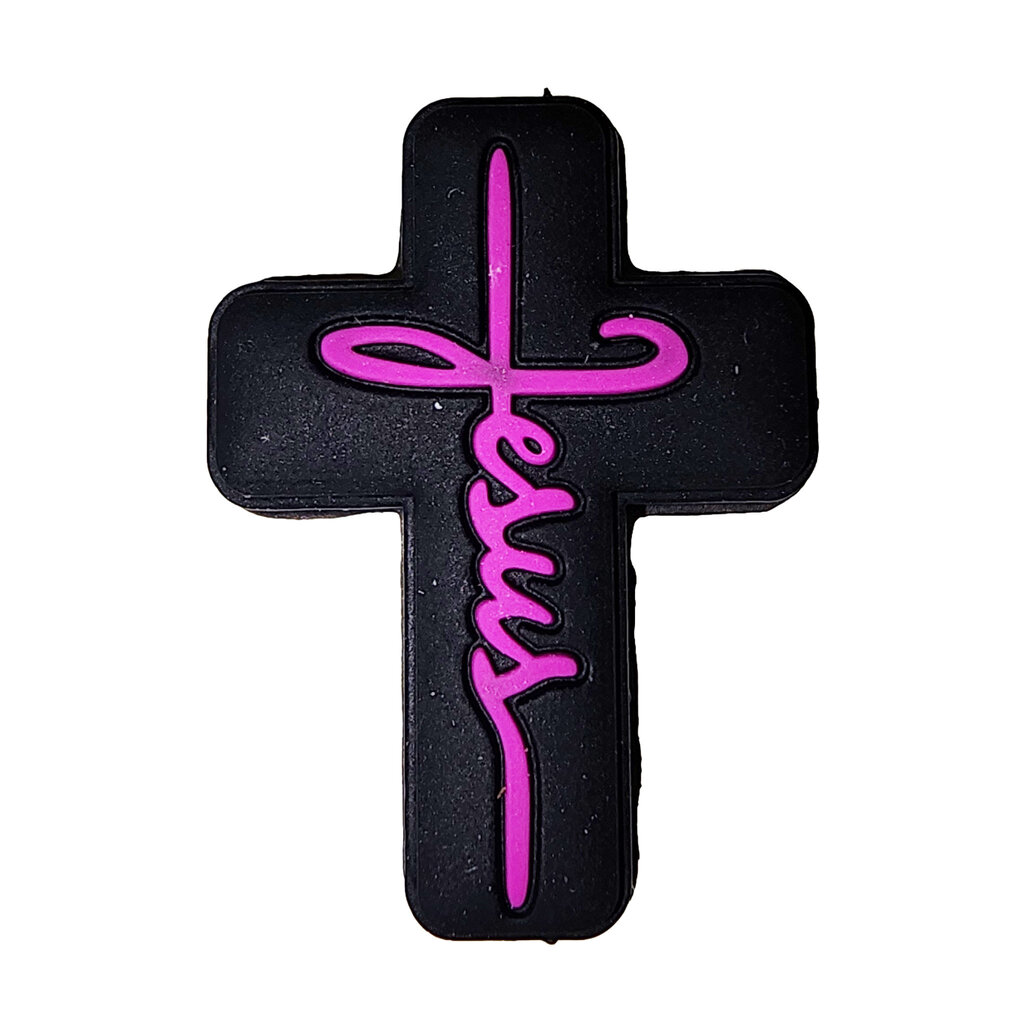 Black Cross with Pink Writing Silicone Charm 30x22mm