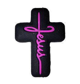 Black Cross with Pink Writing Silicone Charm 30x22mm