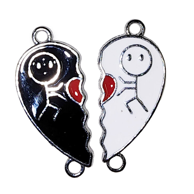 Matching Double Loop Black and White Stickman Holding Heart Charm 27x12mm