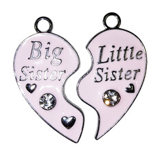 Matching Heart Big Sister Little Sister with Rhinestone Charm 35x18mm