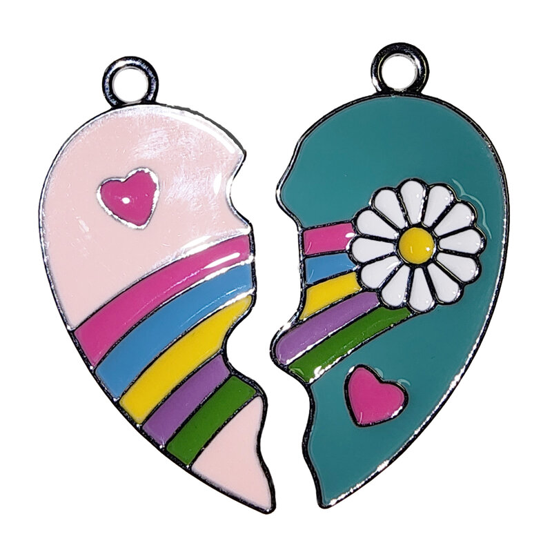 Matching Pink and Blue Heart with Rainbow Hearts and Flower Charm 28x17mm