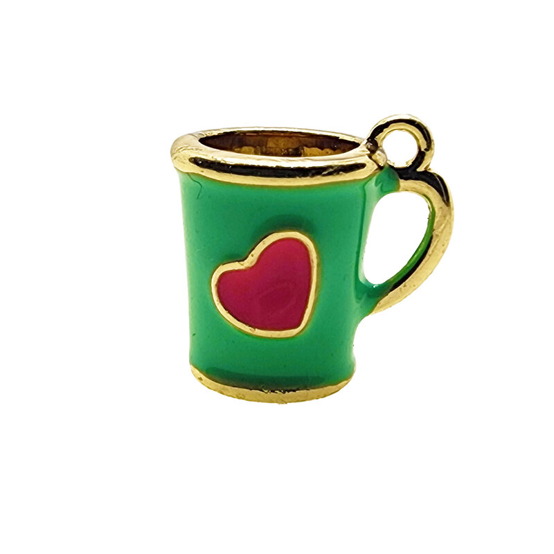 3D Green Mug with Pink Heart Enamel Charm 13x12mm 3pcs.