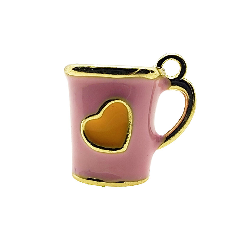 3D Pink Mug with Orange Heart Enamel Charm 13x12mm 3pcs.