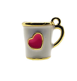 3D White Mug with Pink Heart Enamel Charm 13x12mm 3pcs.