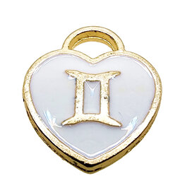 Gold White Heart Gemini Enamel Charm 11x11mm 3pcs.