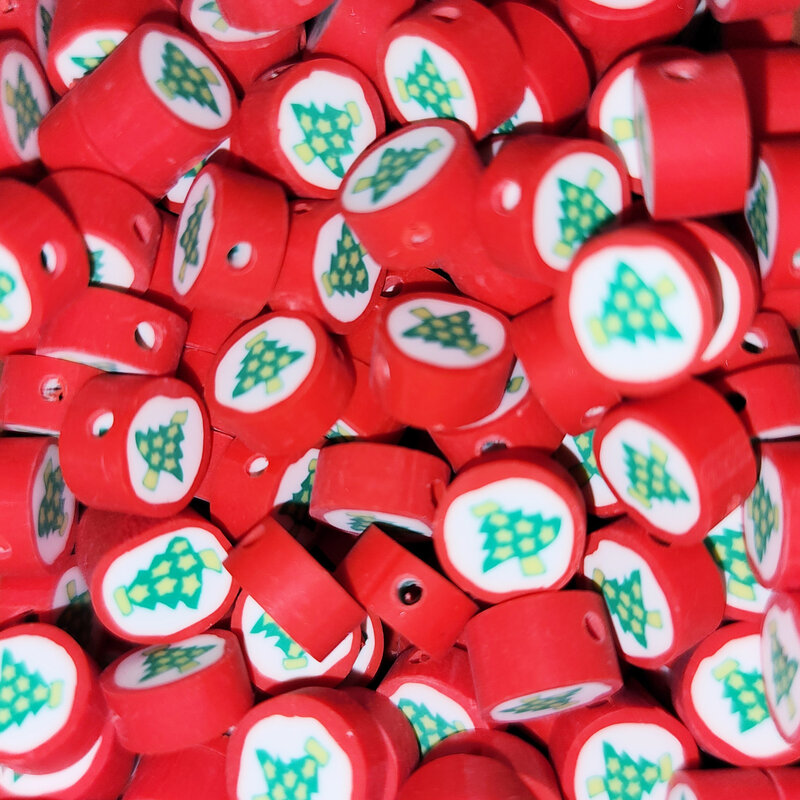 Red Round Christmas Tree Fimo Beads 12pcs 9mm