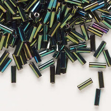 Preciosa Czech Bugle Bead #3 Loose BLK Green Iris 50gm pkg.