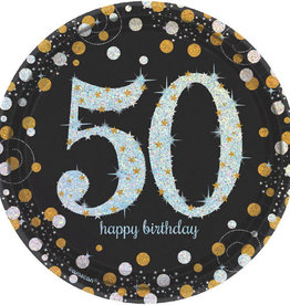 50th Birthday Black & Gold Sparkling Celebration 9" Dessert Plates