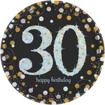 30th Birthday Black and Silver Sparkling Celebration Dinner Plates 9" 8pk