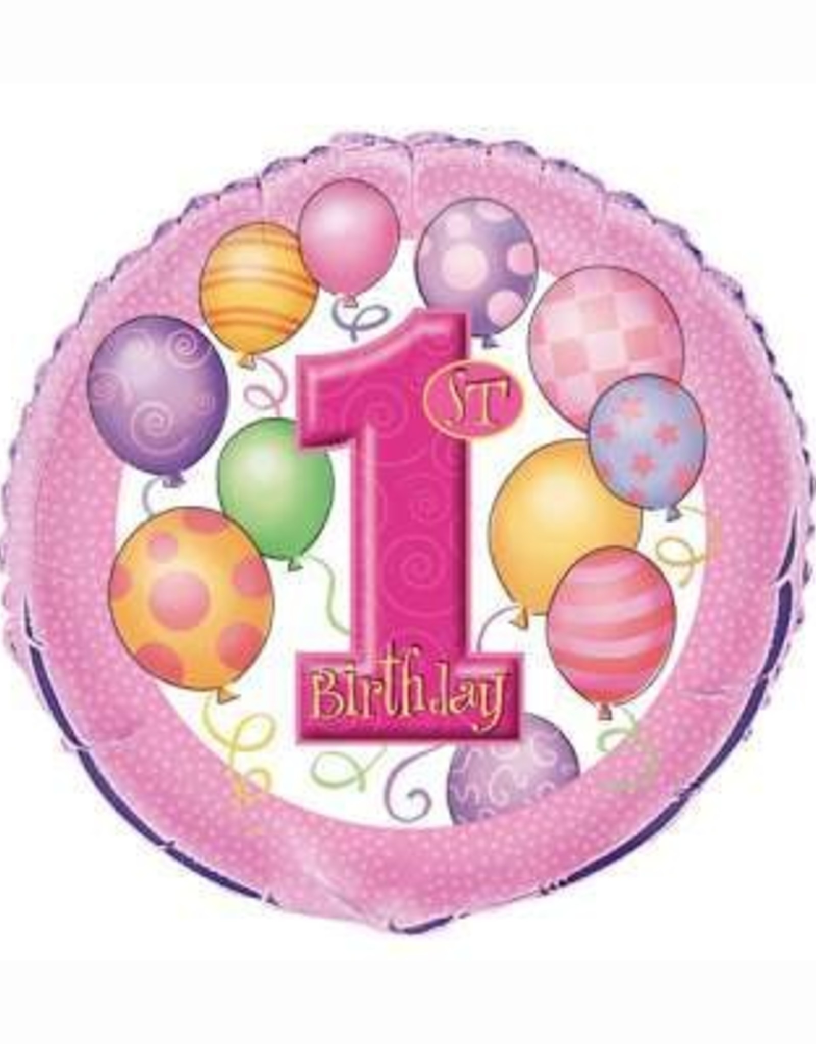 1st Birthday Foil Balloon-Pink With Balloons 18”