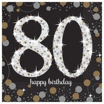 80th Birthday Black and Gold Beverage Napkins,  16ct