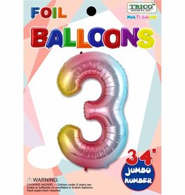 Trico Balloons Pastel Rainbow Number 3 Foil Balloon 34"