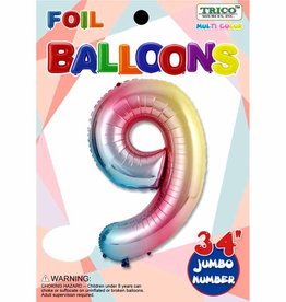 Trico Balloons Pastel Rainbow Number 9 Foil Balloon 34"