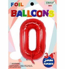 Red 34" Number 0 Foil Balloon