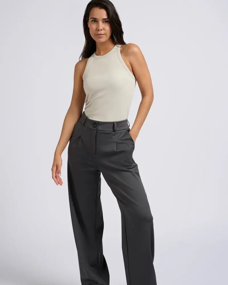 YAYA Jersey wide leg trousers w. pleats and elastic waistband