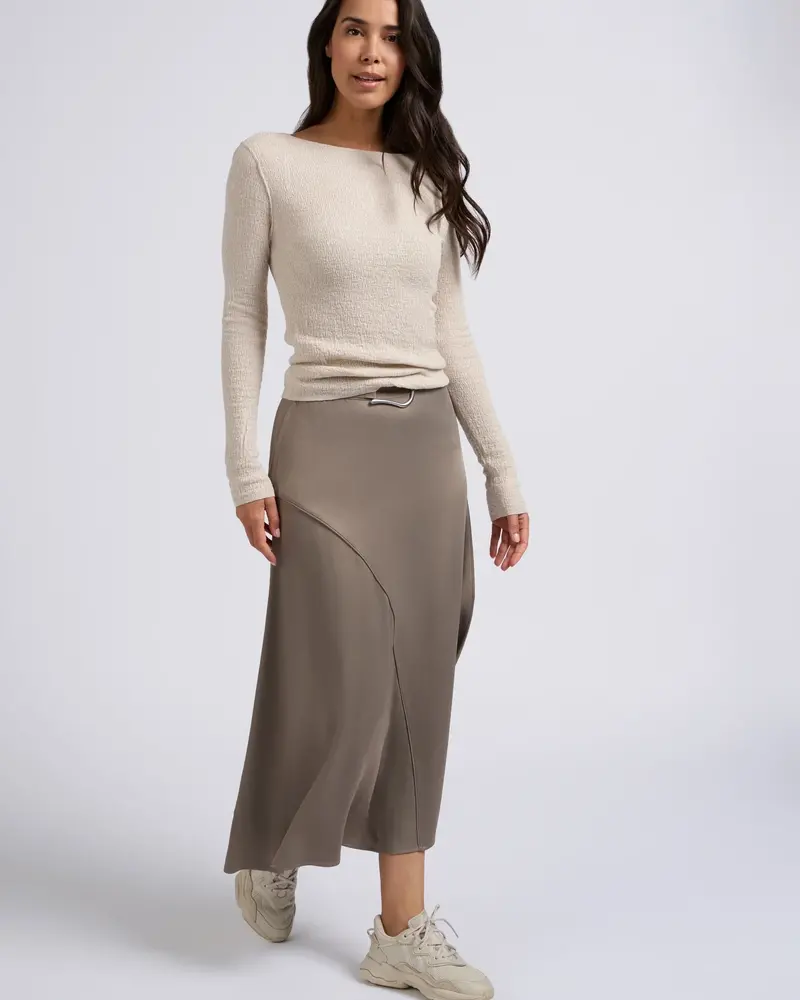 YAYA A-line satin skirt with asymmetrical seam and belt