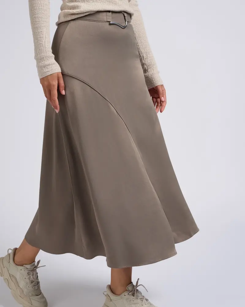 YAYA A-line satin skirt with asymmetrical seam and belt