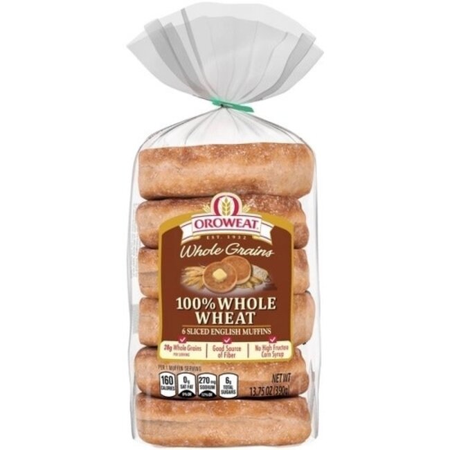 Oroweat English Muffins 100% Whole Wheat, 6 ct