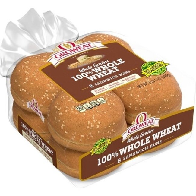 Oroweat Buns Hamburger 100% Whole Wheat Wic, 8 ct