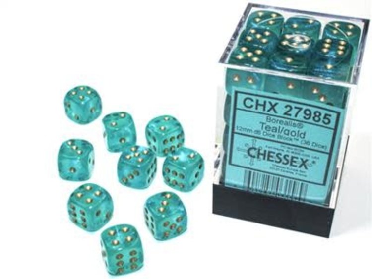 Chessex Chessex: 12mm d6 Luminary Borealis Teal/Gold (36)