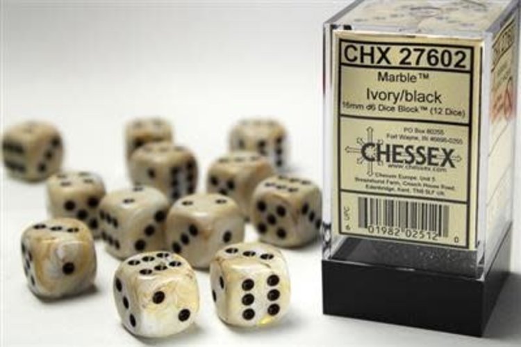 Chessex Chessex: 16mm d6 Marble Ivory/Black (12)