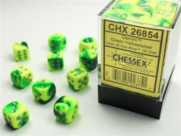 Chessex Chessex: 12mm d6 Gemini Green-Yellow/Silver (36)