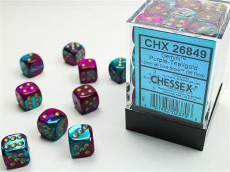 Chessex Chessex: 12mm  d6 Gemini Purple-Teal/Gold (36)