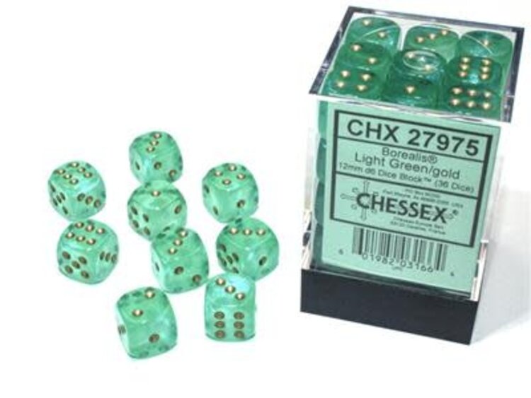 Chessex Chessex: 12mm d6 Luminary Borealis Light Green/Gold (36)
