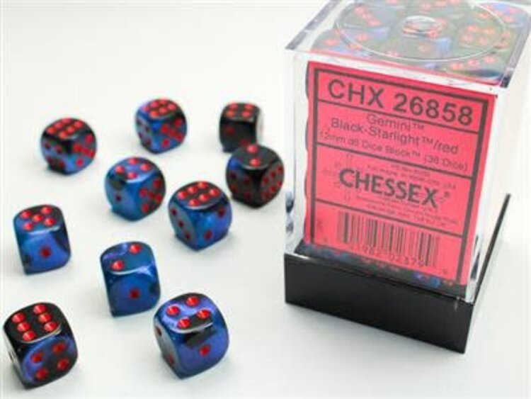 Chessex Chessex: 12mm d6 Gemini Black-Starlight/Red (36)
