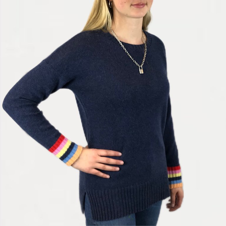Michael Lauren Navy Cashmere Sweater with Rainbow Stripe Sleeve