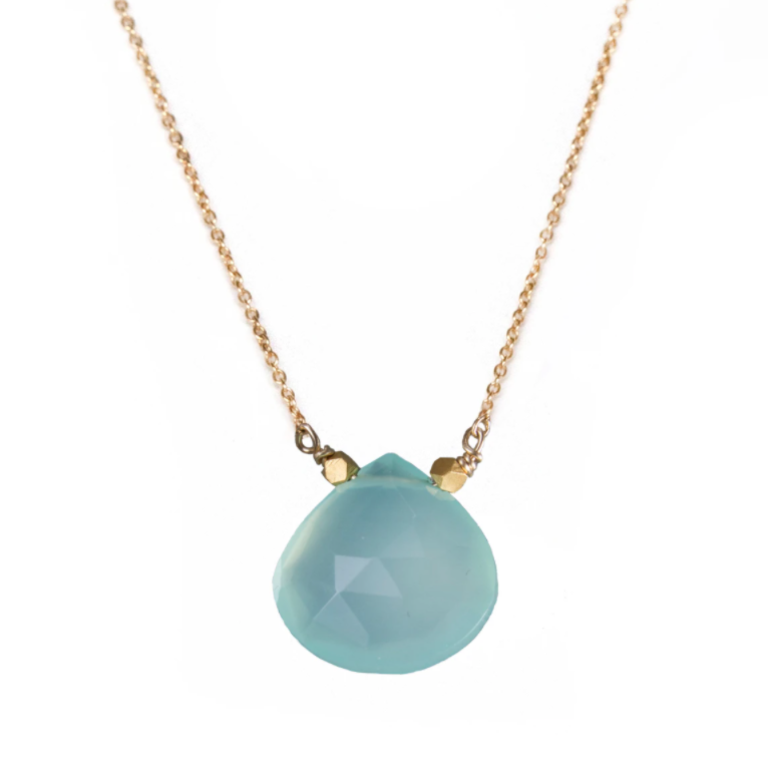 Songlines Dew Drop Necklace Silver - Aqua Blue Chalcedony on 18” Gold Plated Chain