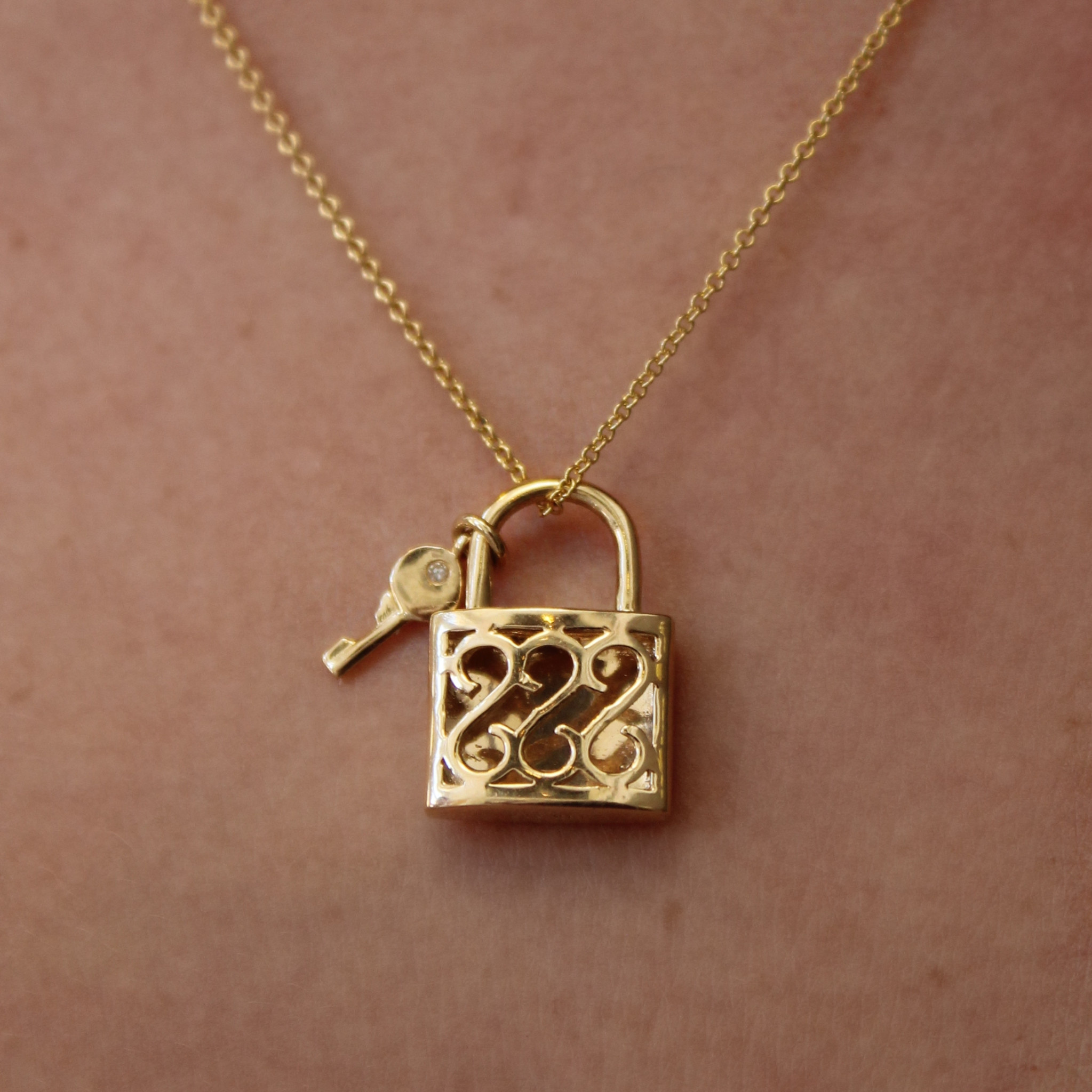 14K Yellow Gold Diamond Lock Necklace