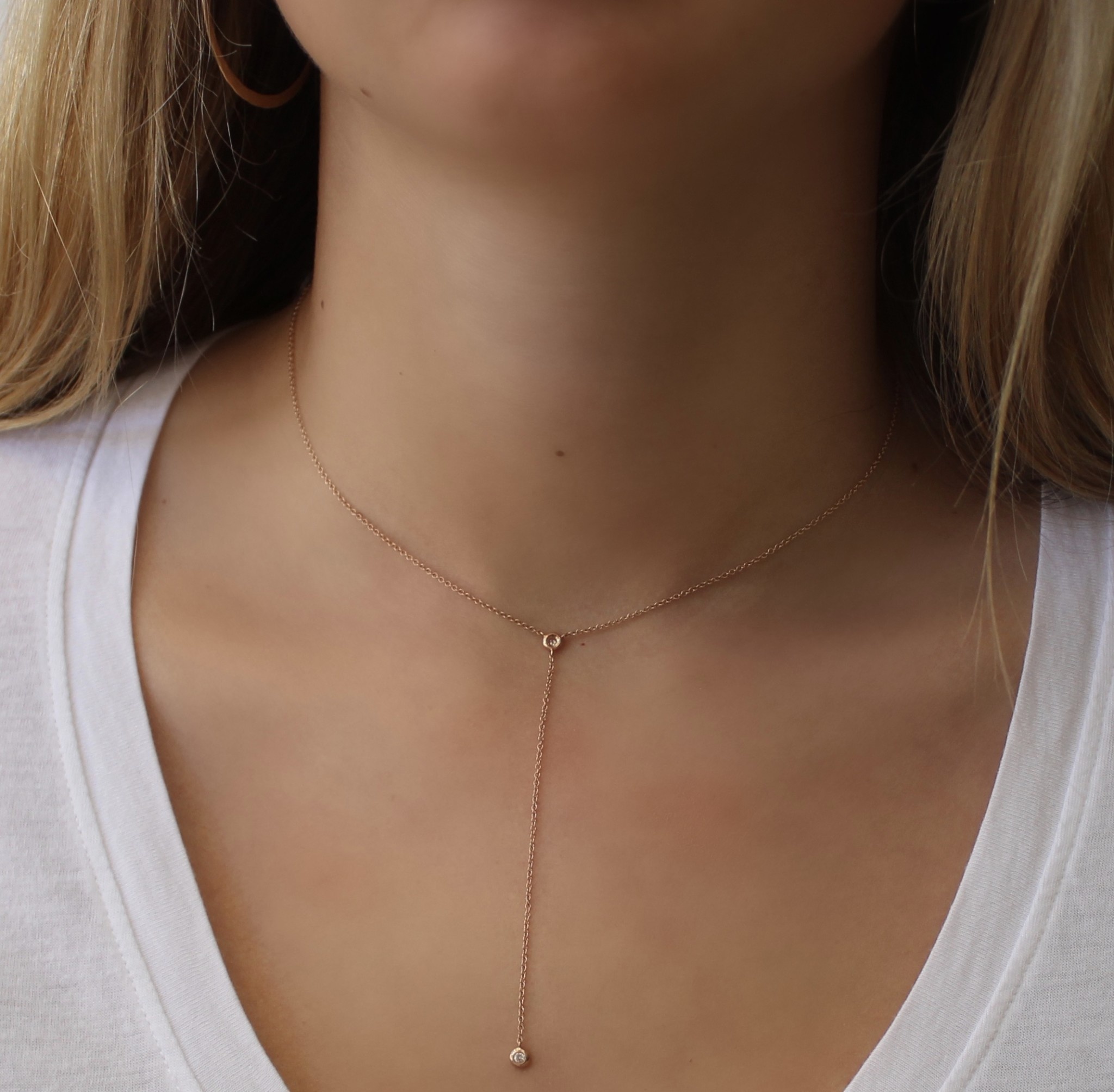 14K Rose Gold Long Drop Necklace With Round Cut Diamond Society Telluride