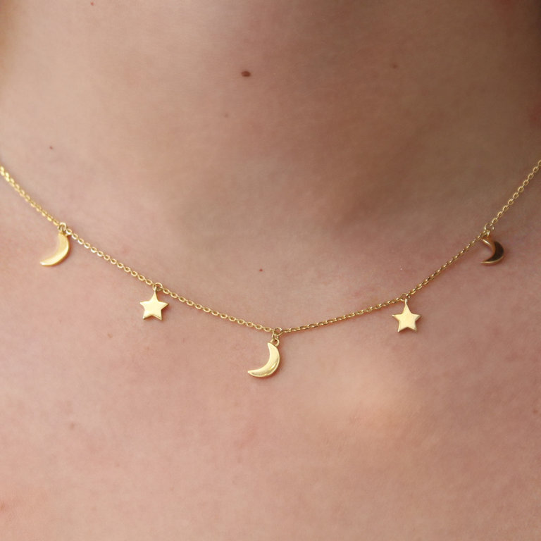 14K Yellow Gold Moon and Star Necklace