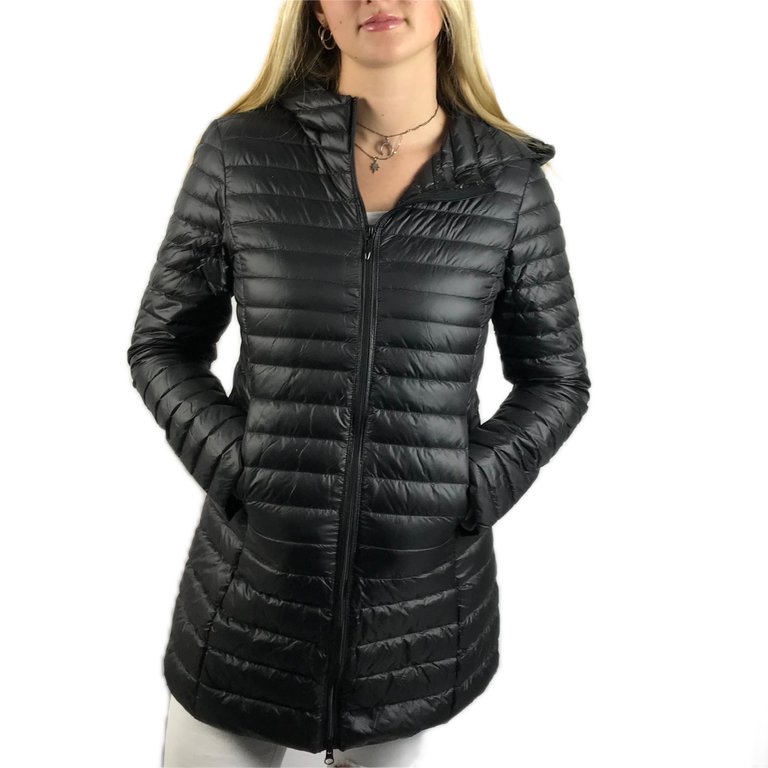 Down Hooded Mid-Length Jacket Black