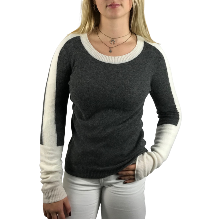 Oats Cashmere Color Block Cashmere Sweater Charcoal and Cloud