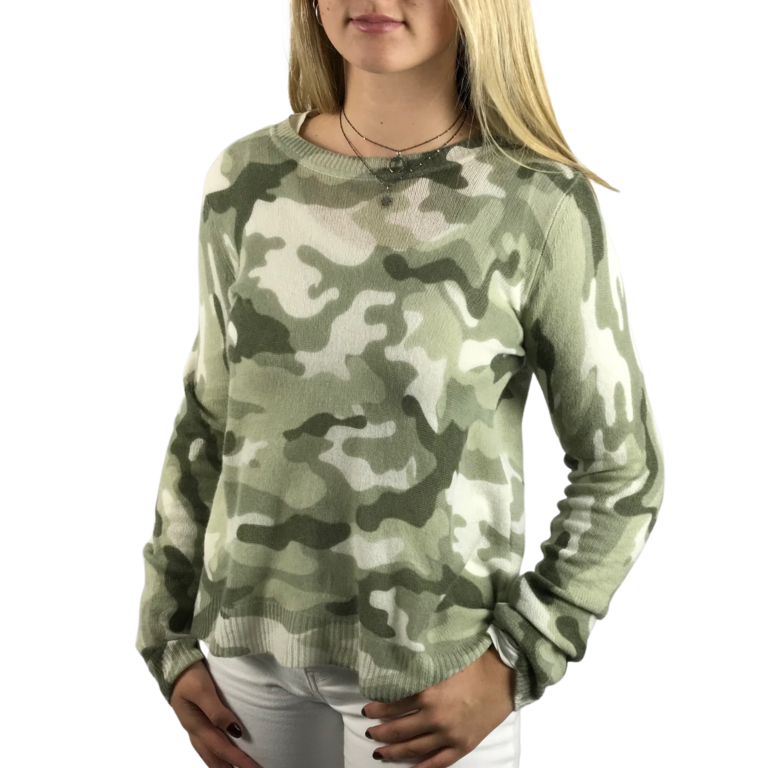 Oats Cashmere Round Neck Camo Sweater Pale Green and Grey
