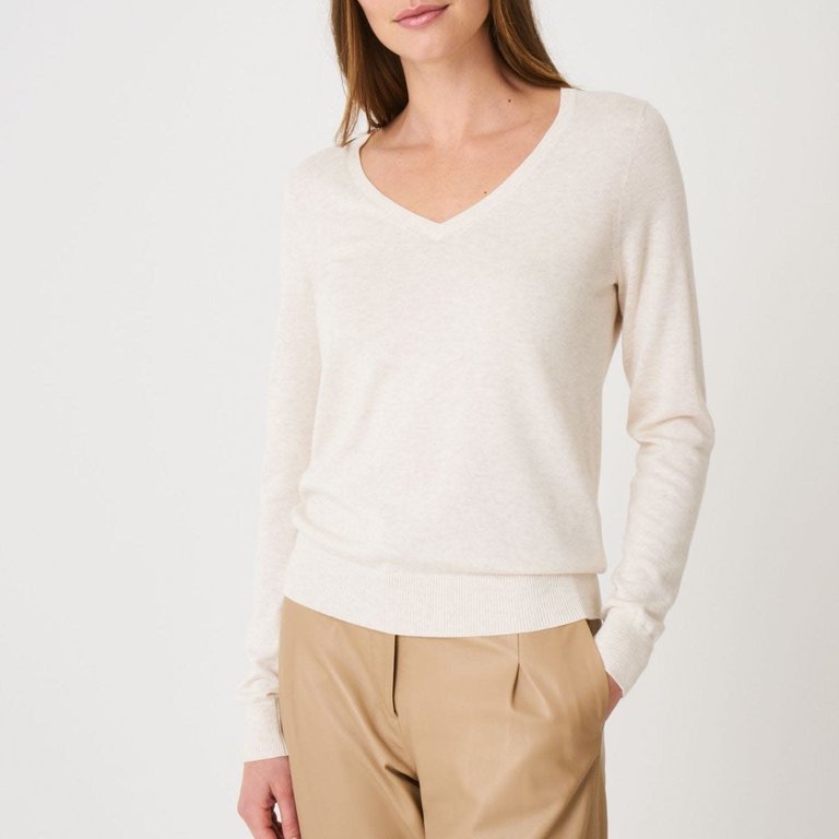 Repeat V Neck Organic Cotton Blend Sweater Ivory