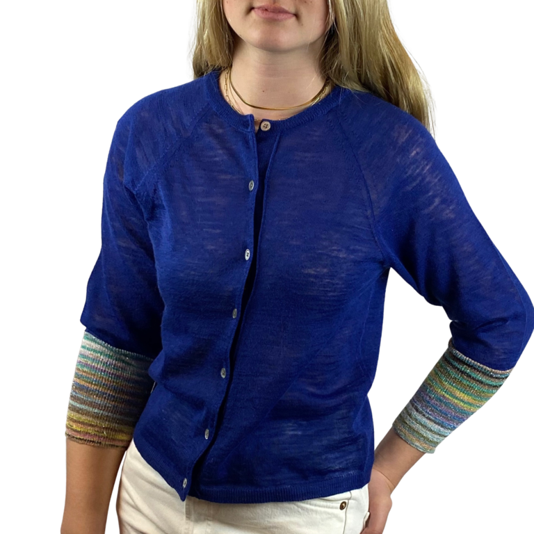 Belle rose Blue Button Up With Multi-Color Stripe Sleeve