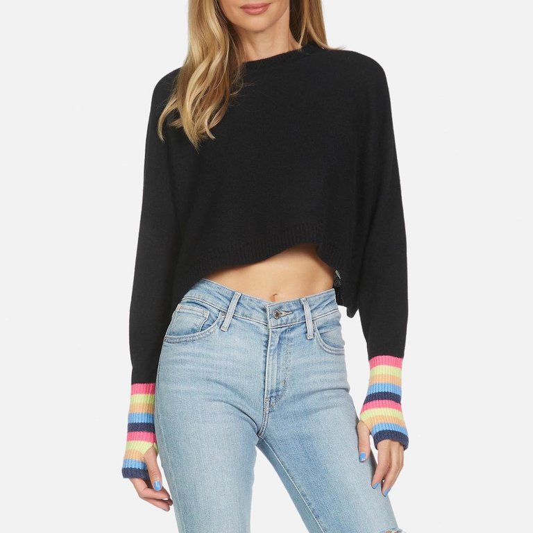 Michael Lauren Milford Crop Sweater Black With Rainbow Sleeve