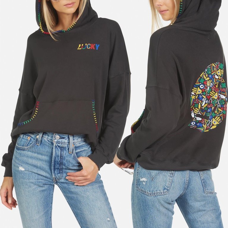 Lauren Moshi Lucky Happy Face Pullover Hoodie Black