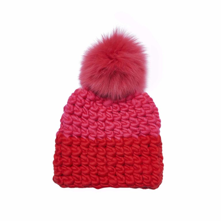 Mischa Lampert Candy Tomato Beanie Color Block Coral Pom