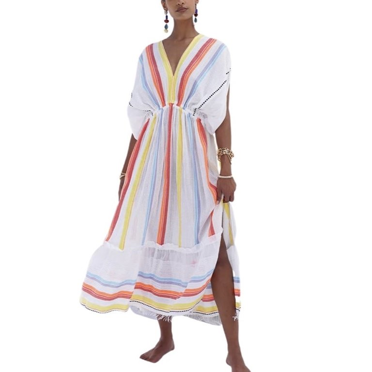 Lemlem Mokati Plunge Neck Dress Lemon Zest Stripes